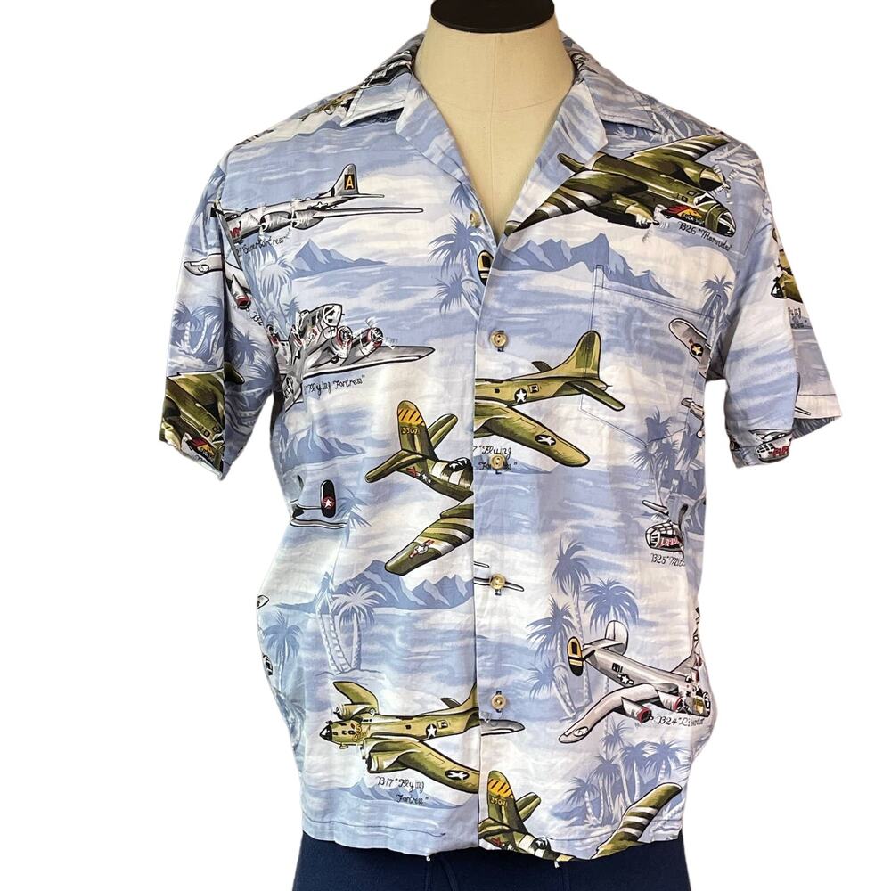 Kalaheo Hawaiian Made in USA Aloha Shirt WWII Bomber Planes B17 B24 B29 Size M